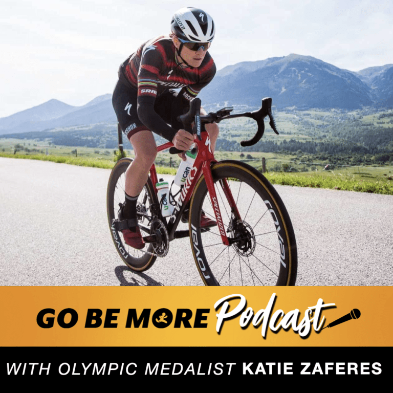 Katie Zaferes on a racing bicycle with Go Be More podcast episode info